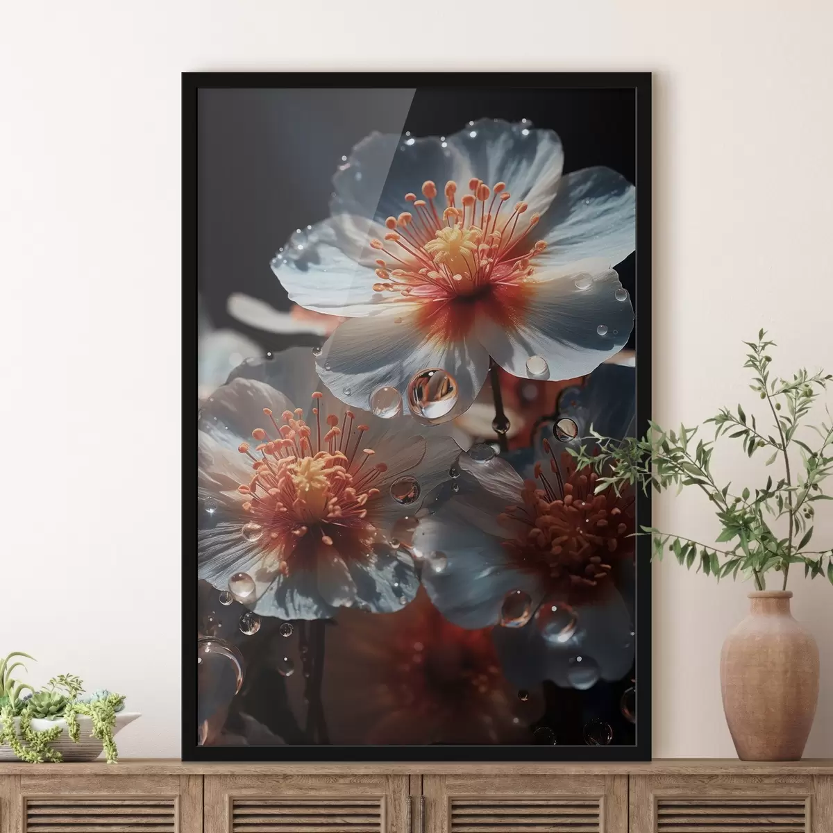 Poster Motivo floreale: bellezza dei petali con rugiada su sfondo scuro f45529