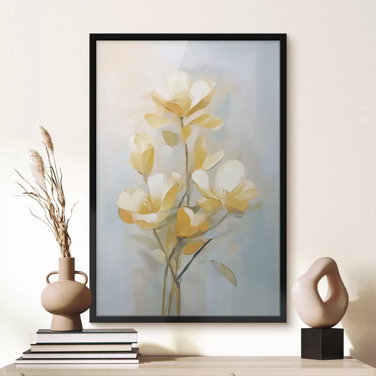 Poster Motivo floreale: bouquet nei toni del giallo chiaro e del blu f45540