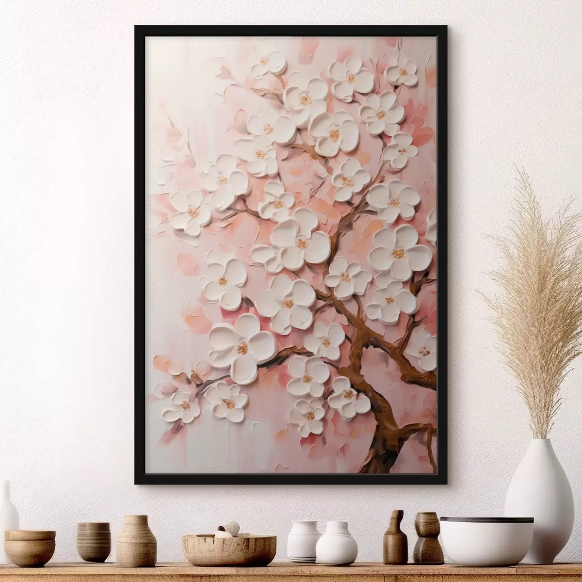 Poster Ramo in fiore: composizione a rilievo nei toni del rosa chiaro f45543