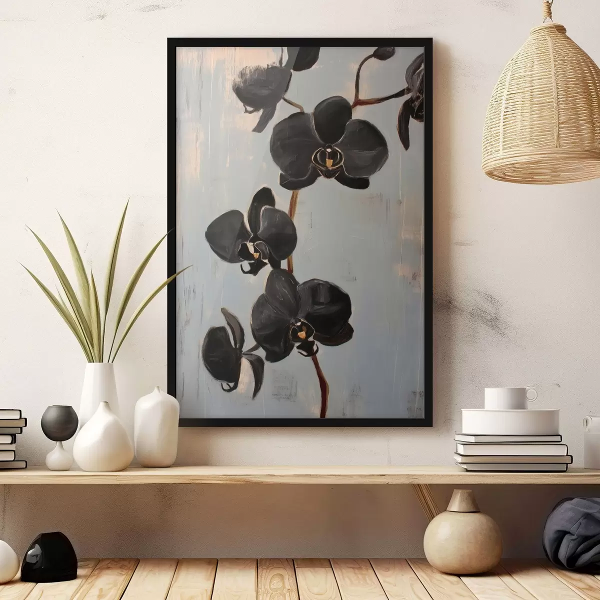 Poster Orchidee decorative: fiori neri su sfondo grigio f45547