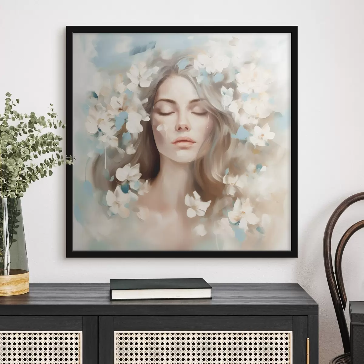 Poster Ritratto astratto di donna con fiori in forma di pennellate f45450