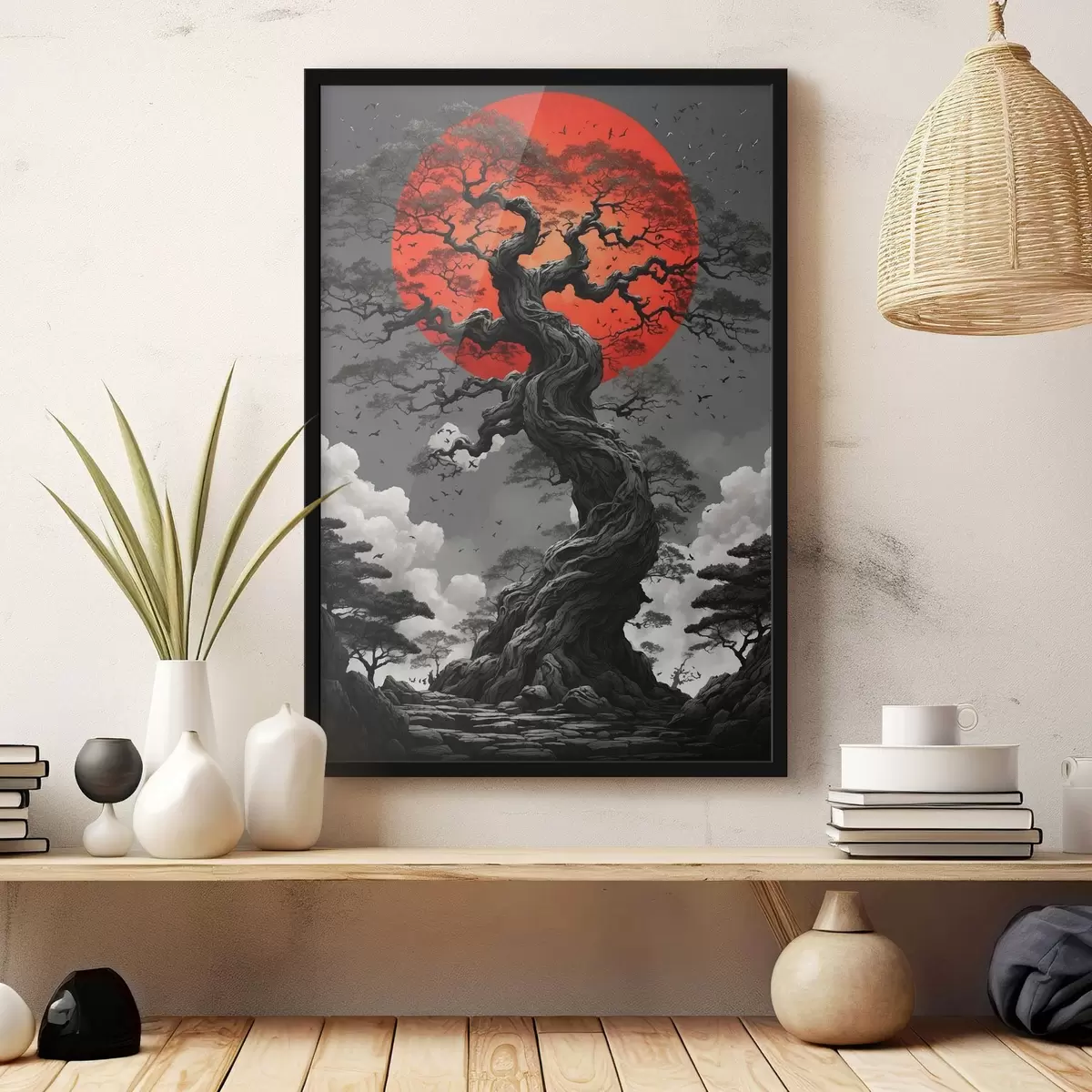 Poster Albero e sole rosso f45485