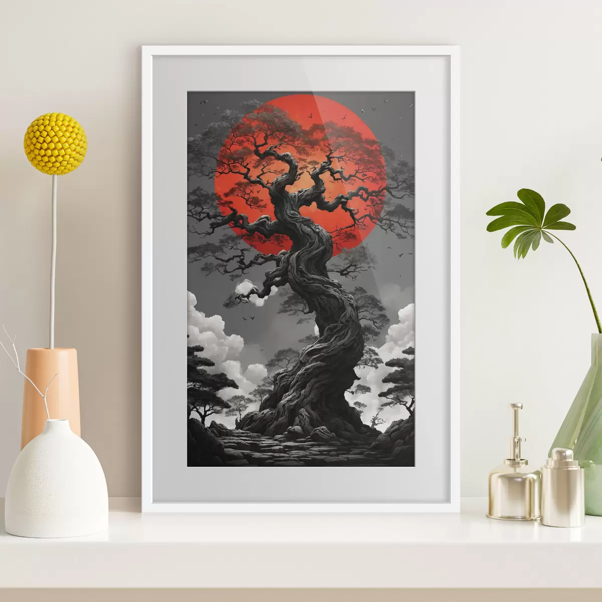 Poster Albero e sole rosso f45485