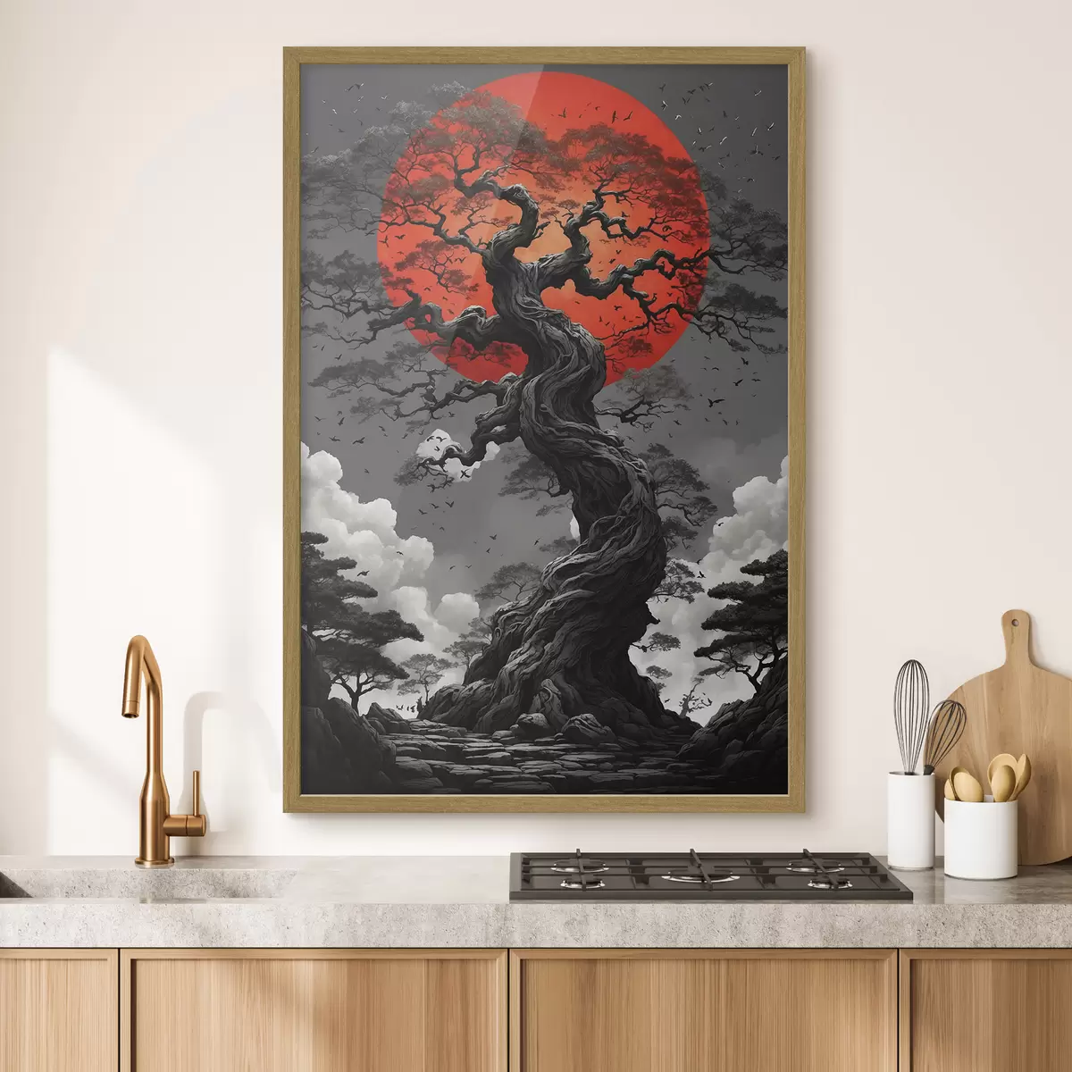 Poster Albero e sole rosso f45485