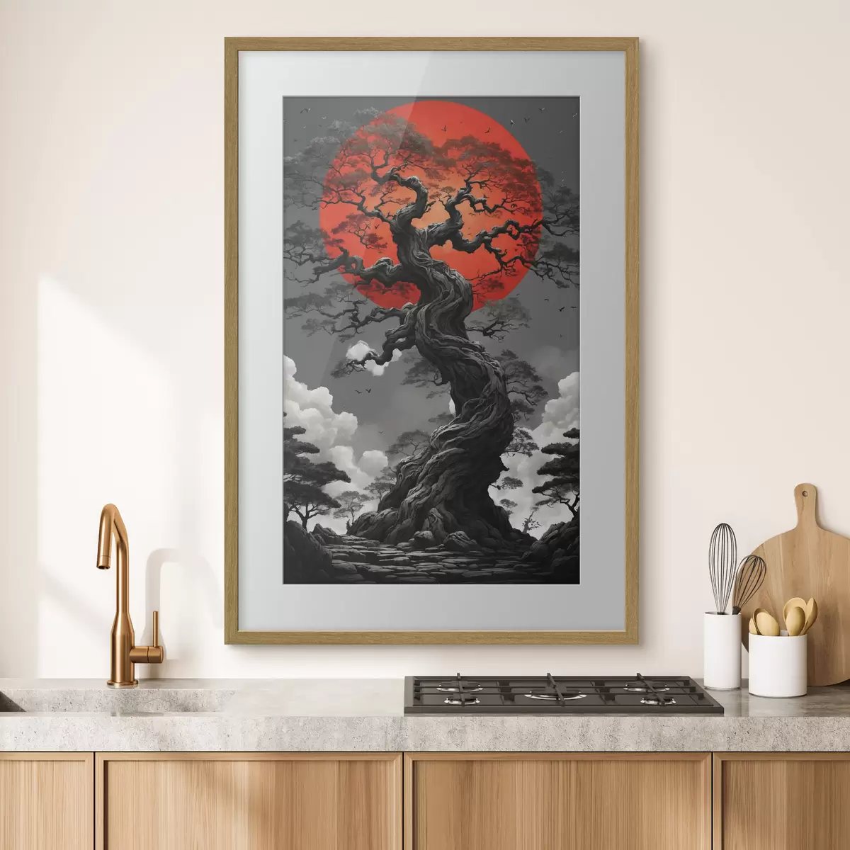 Poster Albero e sole rosso f45485