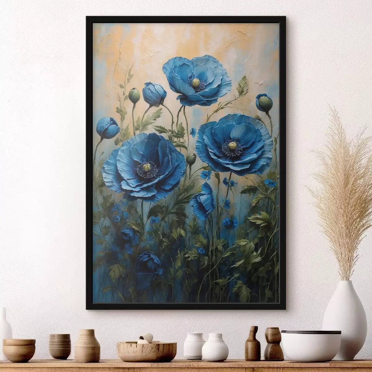 Poster Grandi papaveri blu con boccioli su sfondo chiaro f45488