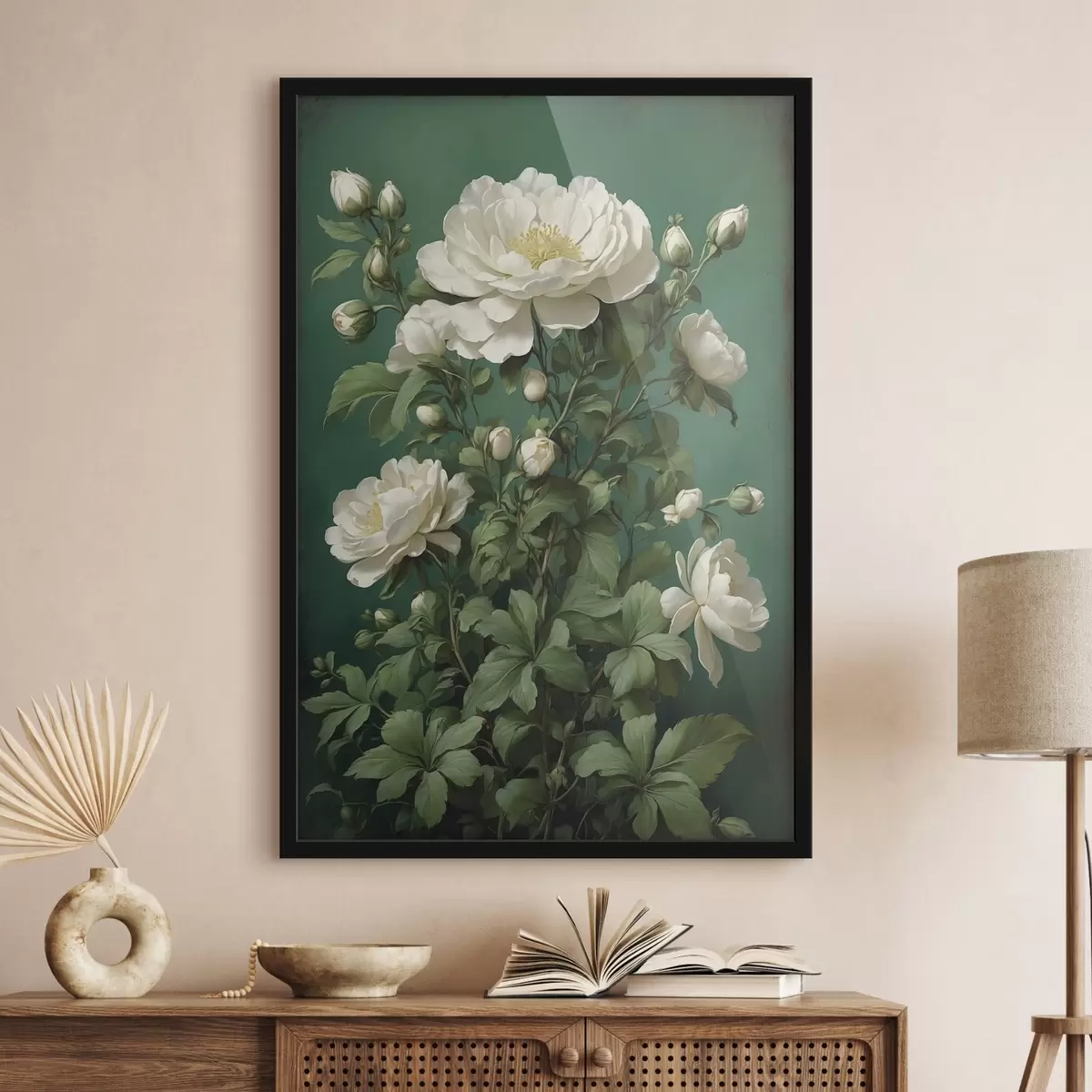 Poster Fiori di peonia color crema su sfondo verde f45491