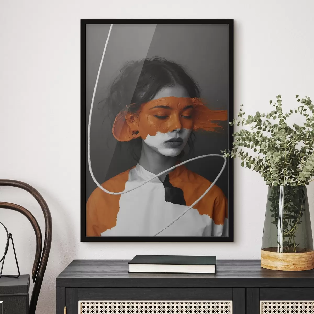 Poster Ritratto di ragazza con immagine astratta di colore arancione f45495