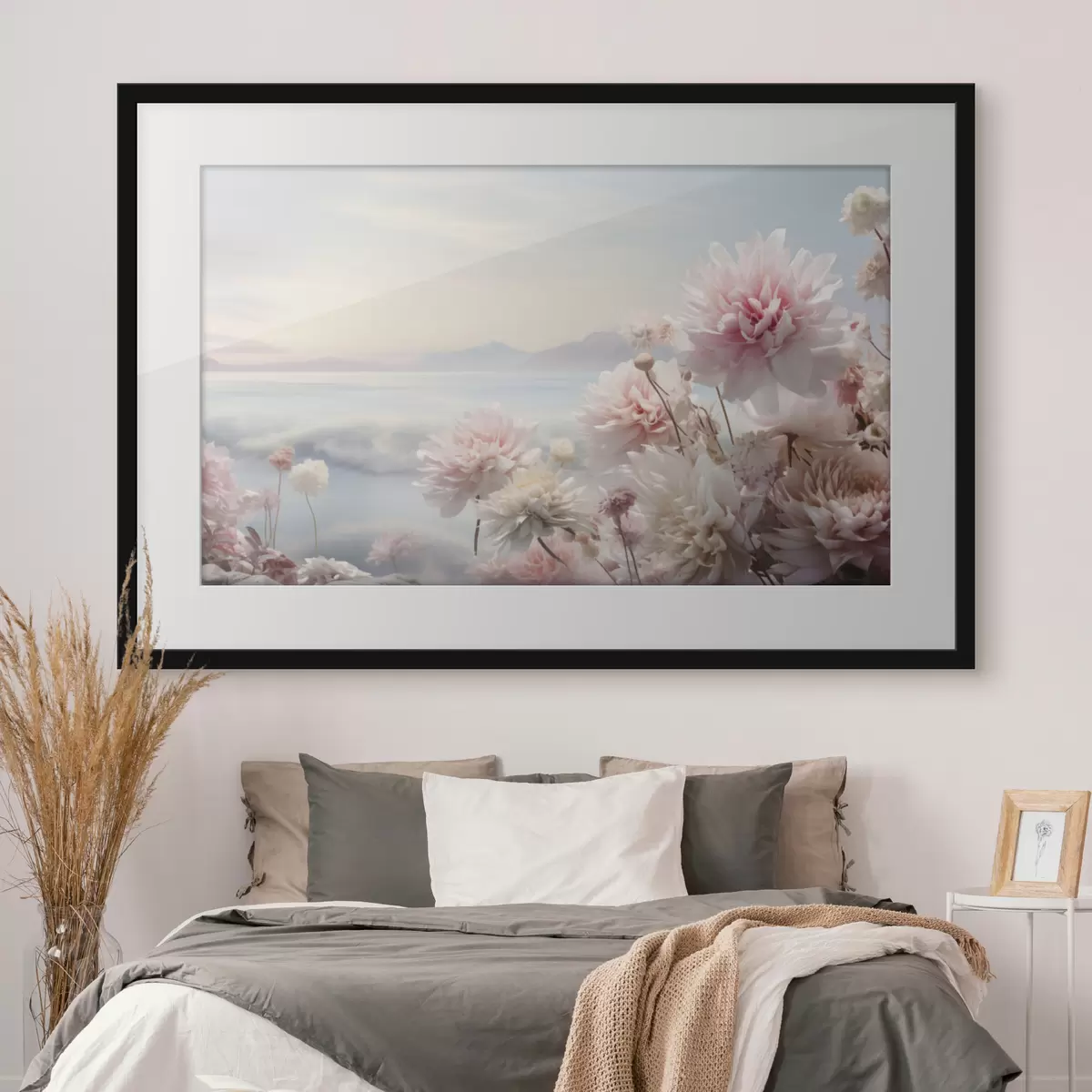 Poster Delicati fiori rosa in riva al mare all'alba f45496