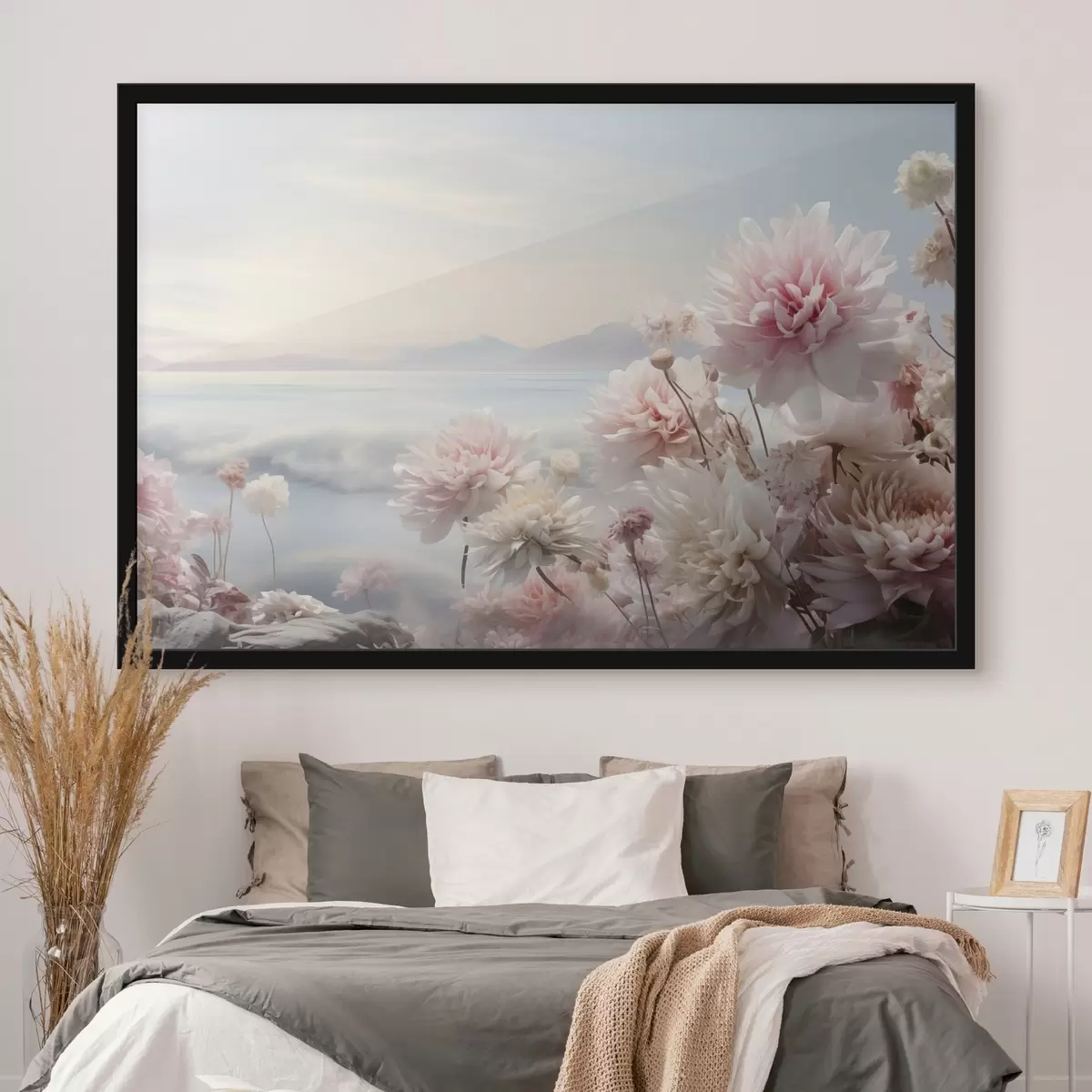 Poster Delicati fiori rosa in riva al mare all'alba f45496