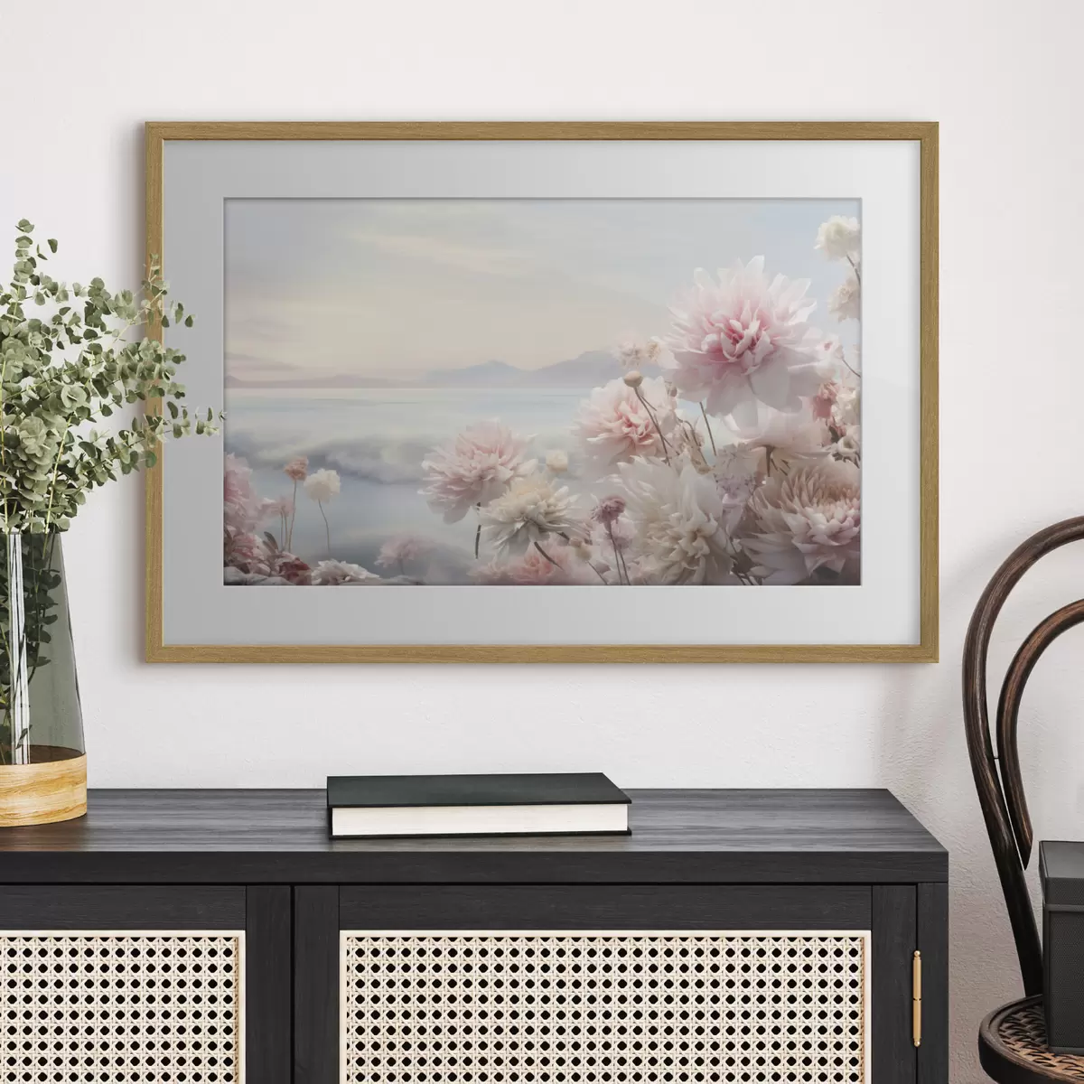Poster Delicati fiori rosa in riva al mare all'alba f45496