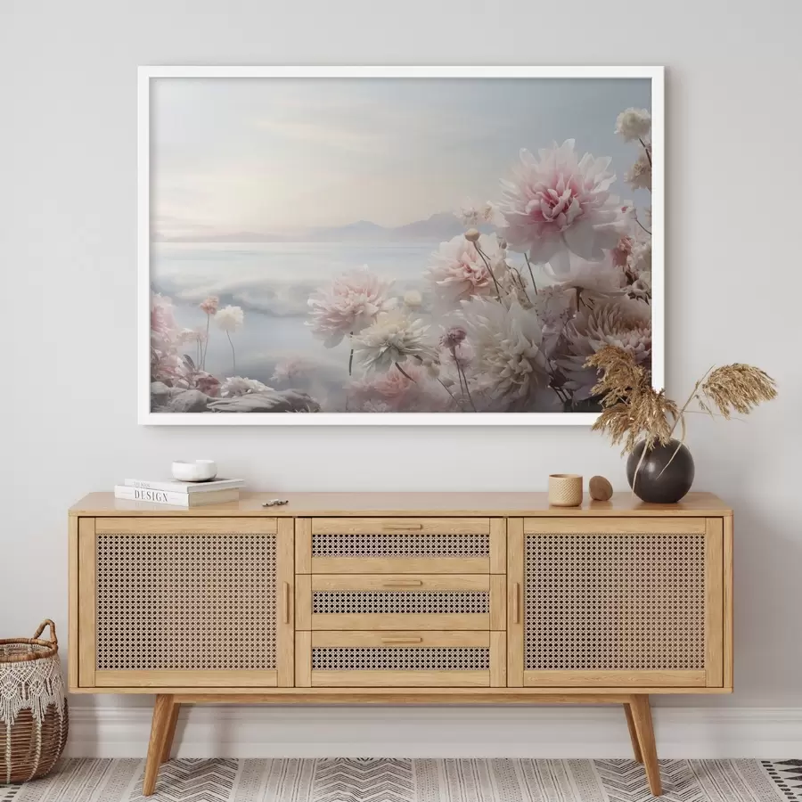 carta da parati Delicati fiori rosa in riva al mare all'alba nr. f45496
