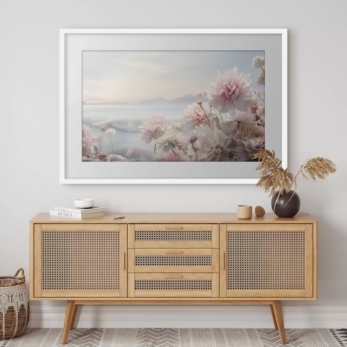 Poster Delicati fiori rosa in riva al mare all'alba f45496