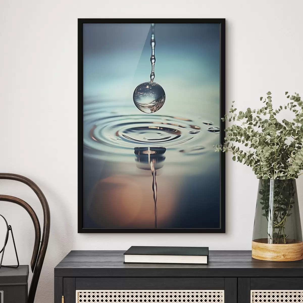 Poster Una goccia d'acqua che cade con lampi di luce f45501