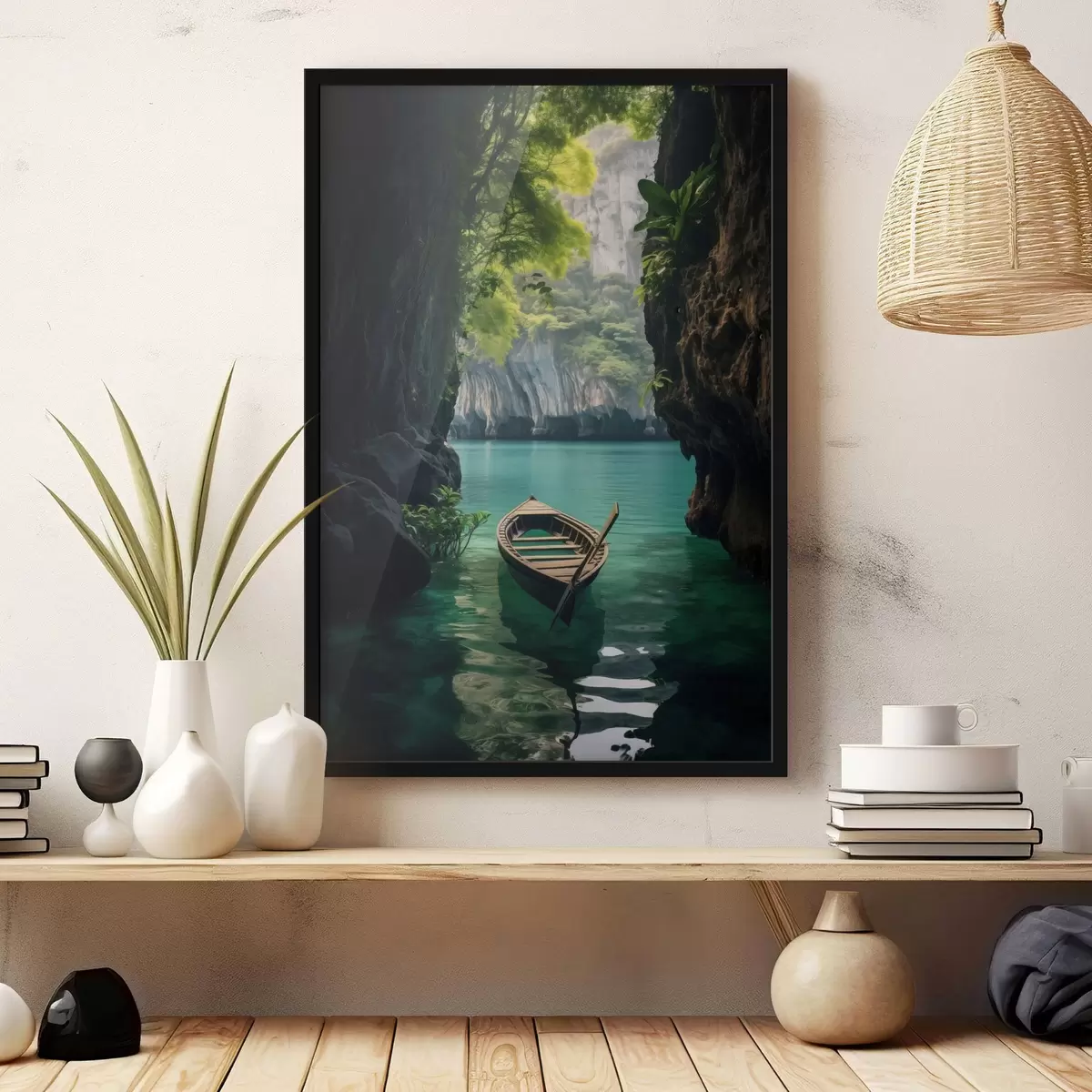 Poster Barca su acqua turchese tra le rocce f45507