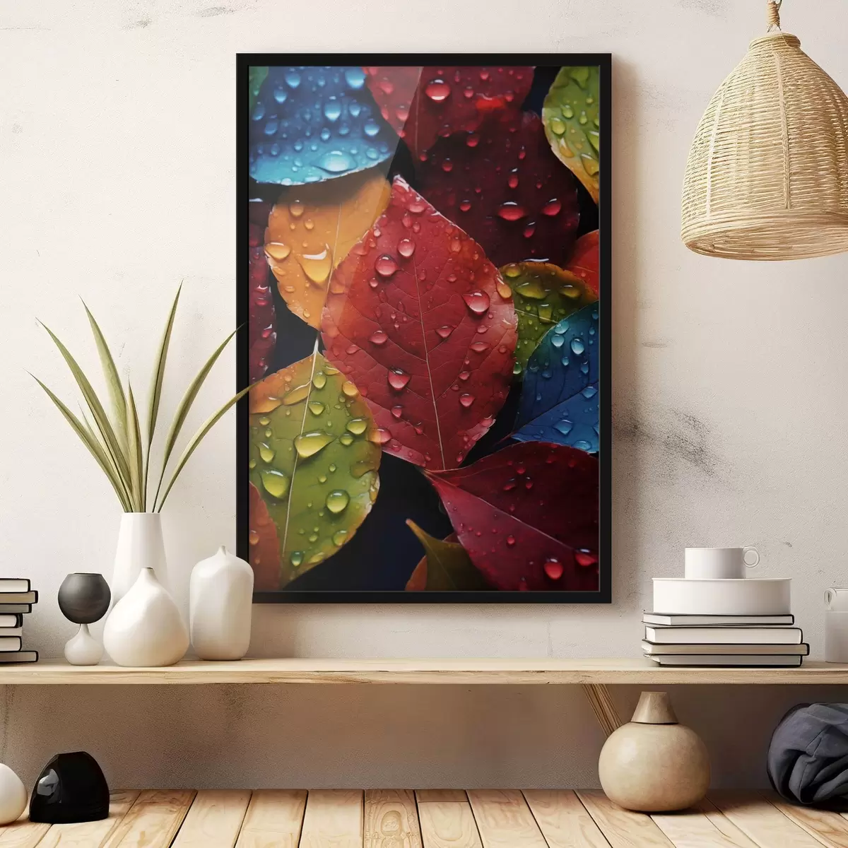 Poster Foglie colorate con gocce d'acqua f45516