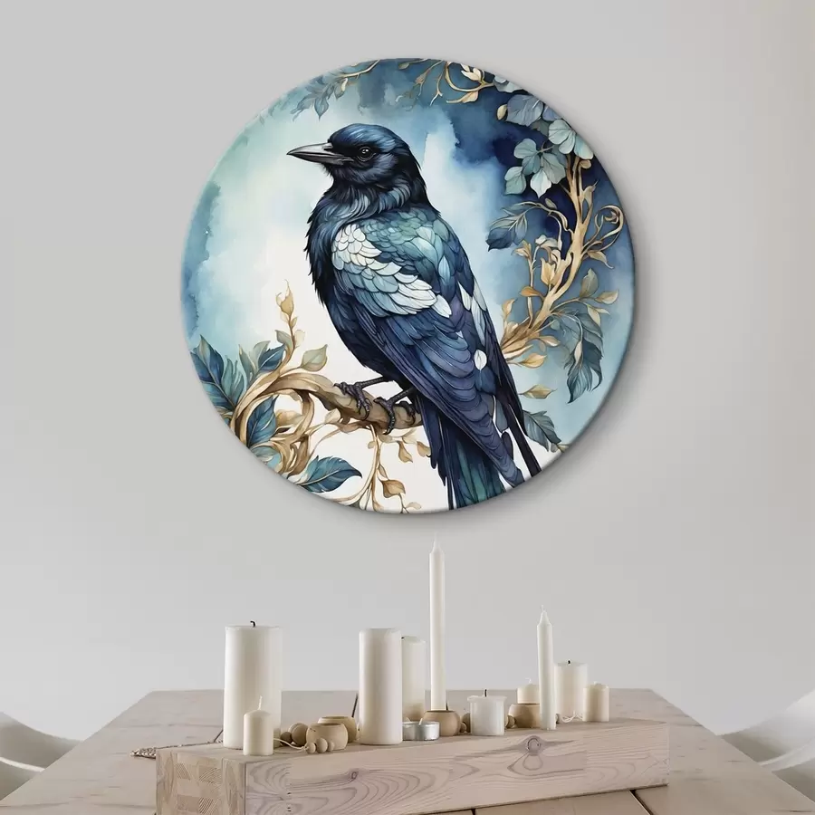 carta da parati Uccello blu su un ramo con foglie in stile acquerello nr. r45483