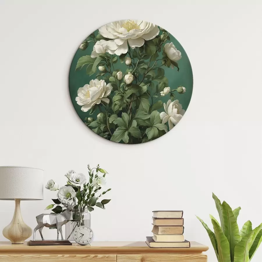 carta da parati Fiori di peonia color crema su sfondo verde nr. r45491