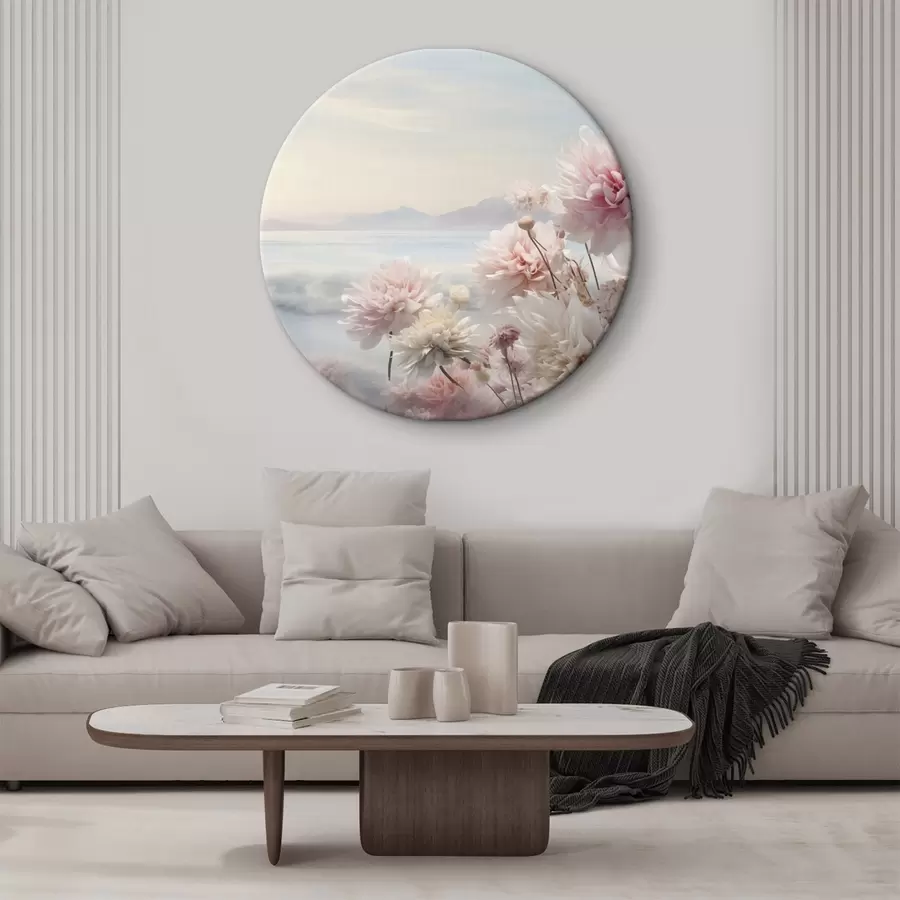 carta da parati Delicati fiori rosa in riva al mare all'alba nr. r45496