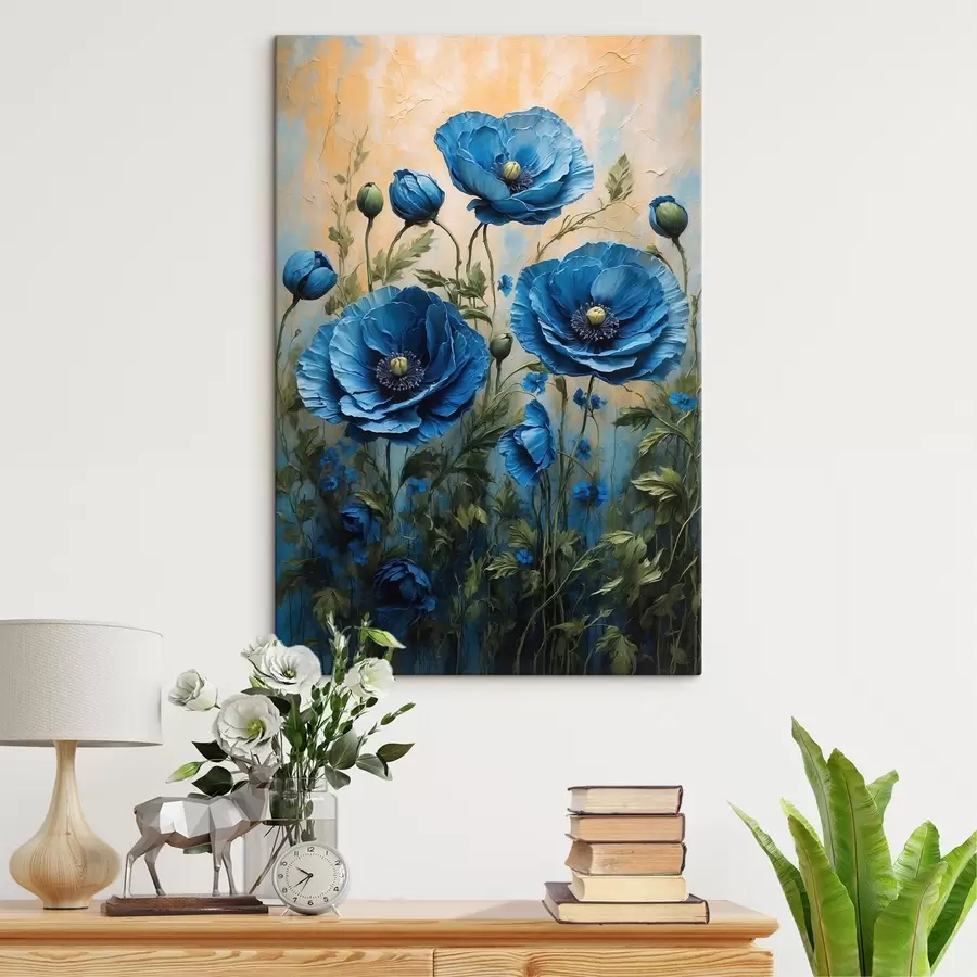 carta da parati Grandi papaveri blu con boccioli su sfondo chiaro nr. s45488