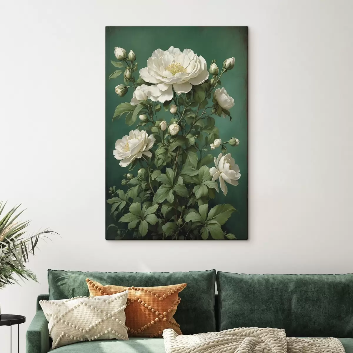 carta da parati Fiori di peonia color crema su sfondo verde nr. s45491