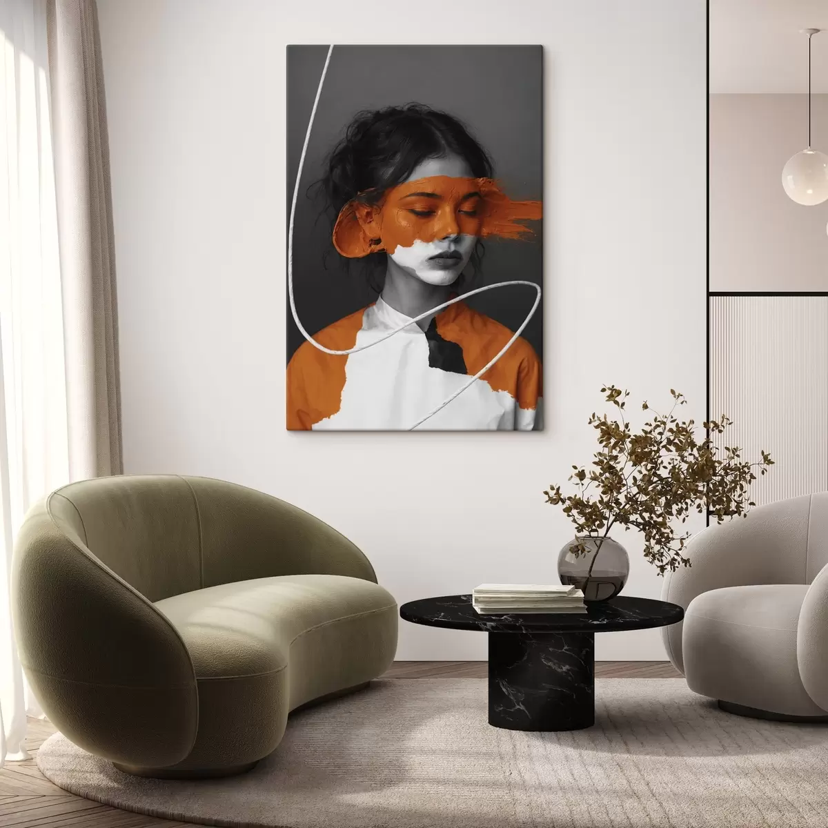 carta da parati Ritratto di ragazza con immagine astratta di colore arancione nr. s45495