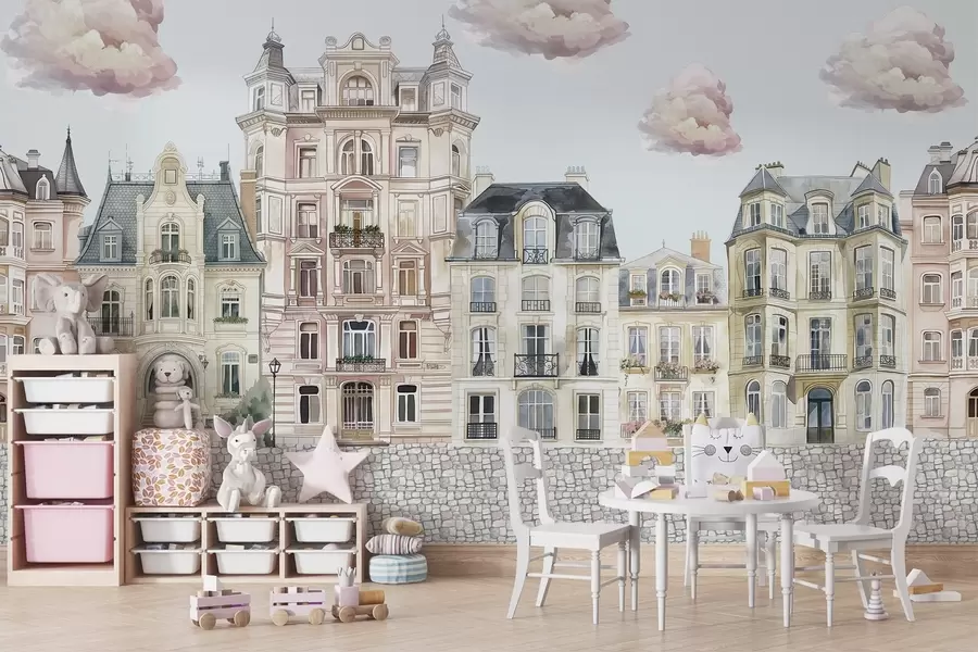 Carta da parati con la vista di città Case colorate, nuvole 