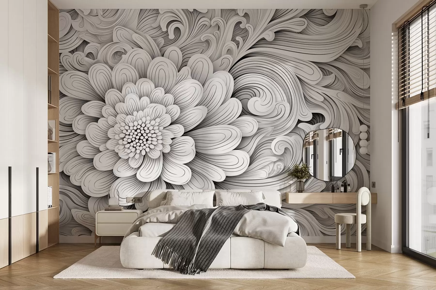 carta da parati Motivo decorativo in bianco e nero a forma di fiore e di vortici nr. w09355