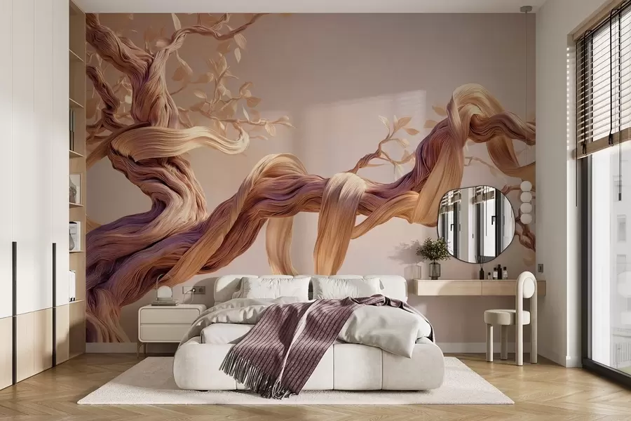 Carta da parati nature Tronco d'albero contorto con foglie decorative 
