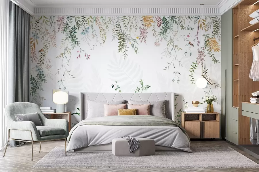 Carta da parati Floreale Illustrazione botanica con felci, erba e piante pendenti, toni pastello, su sfondo bianco stile acquerello testurizzato n. w09364