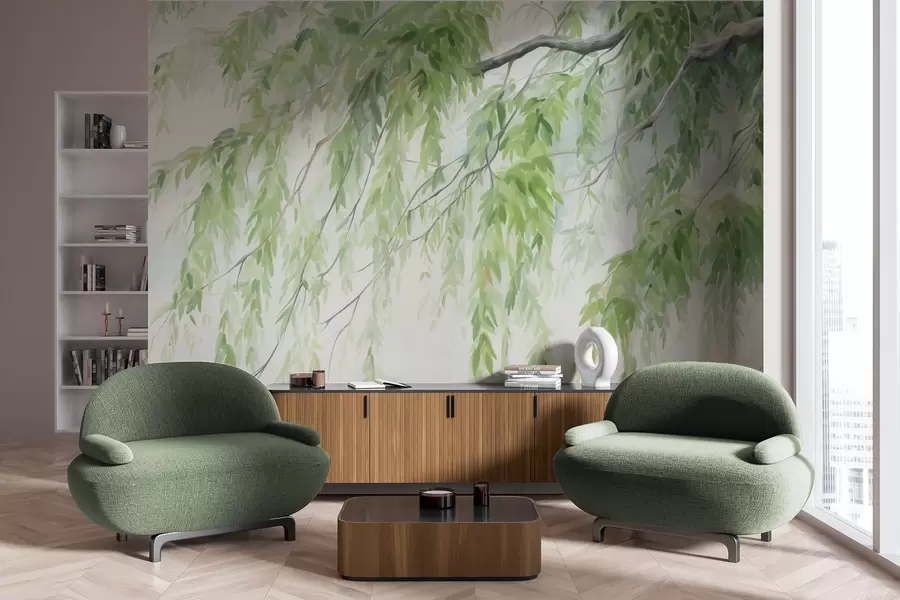 Carta da parati nature Rami di salice piangente con foglie verdi pendenti, pennellate morbide e delicate, stile pittura ad acquerello 