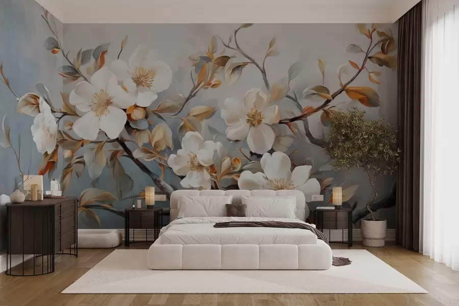 Carta da parati Floreale Fiori bianchi con pistilli gialli su un ramo d'albero con foglie, sfondo chiaro, stile pittura vintage, stampa strutturata n. w09368