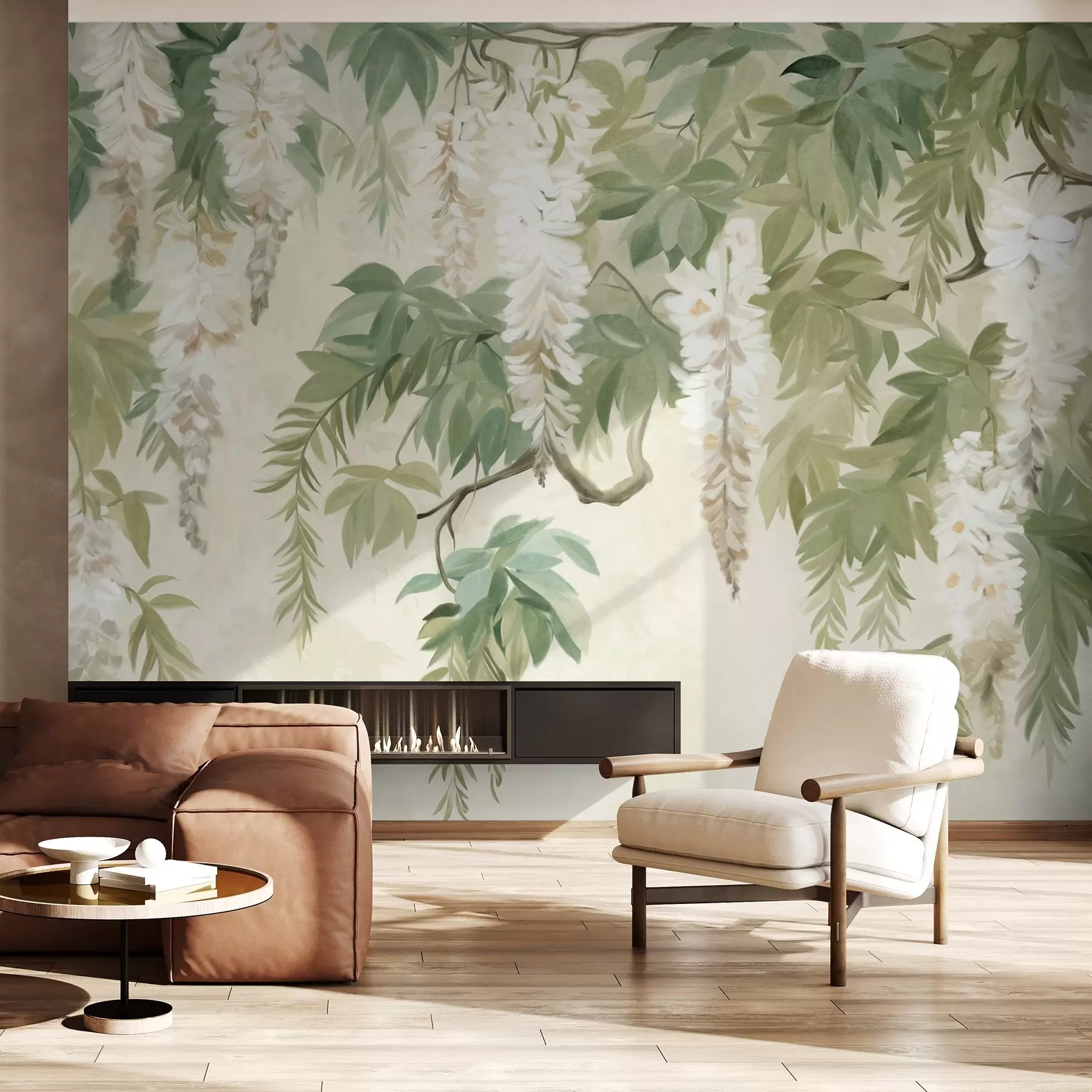 Carta da parati nature Rami di glicine con fiori bianchi e foglie verdi, sfondo verde, stile pittura vintage testurizzata 