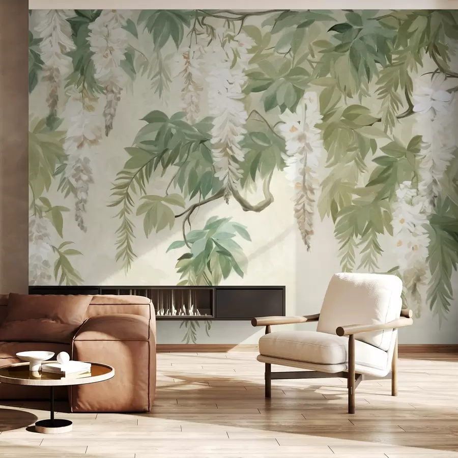 Carta da parati nature Rami di glicine con fiori bianchi e foglie verdi, sfondo verde, stile pittura vintage testurizzata 