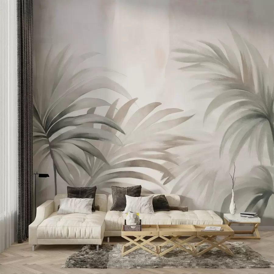 carta da parati Foglie strutturate di palma in colori neutri, sfondo astratto beige, pennellate morbide, fogliame tropicale strutturato nr. w09380