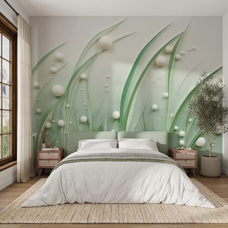 Carta da parati 3D Erba verde astratta con sfere bianche, sfondo verde chiaro, texture, linee pulite, stile minimalista 