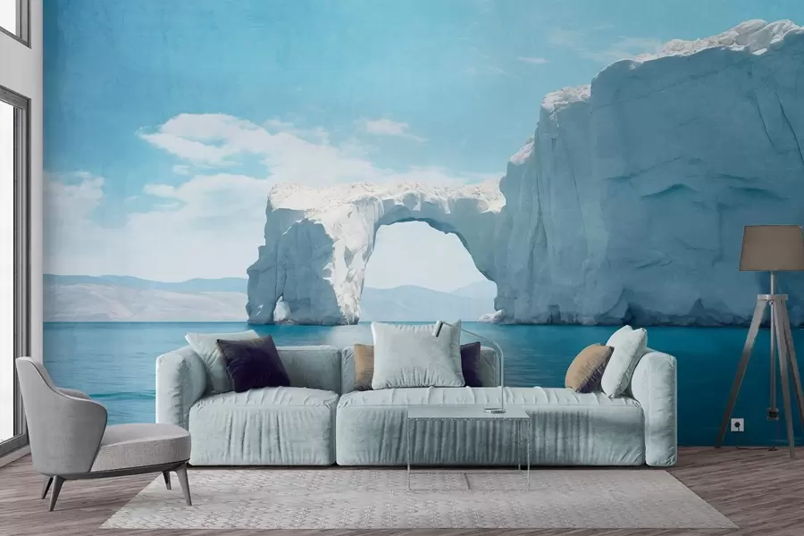 Carta da parati nature Paesaggio con ponte di ghiaccio naturale sull'oceano, cielo azzurro con alcune nuvole, stampa strutturata 