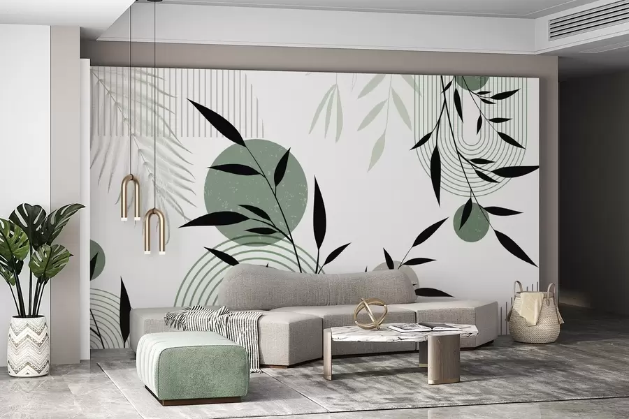 carta da parati Stampa astratta testurizzata con forme geometriche, cerchi e archi e piante nere e verdi su sfondo bianco nr. w09384