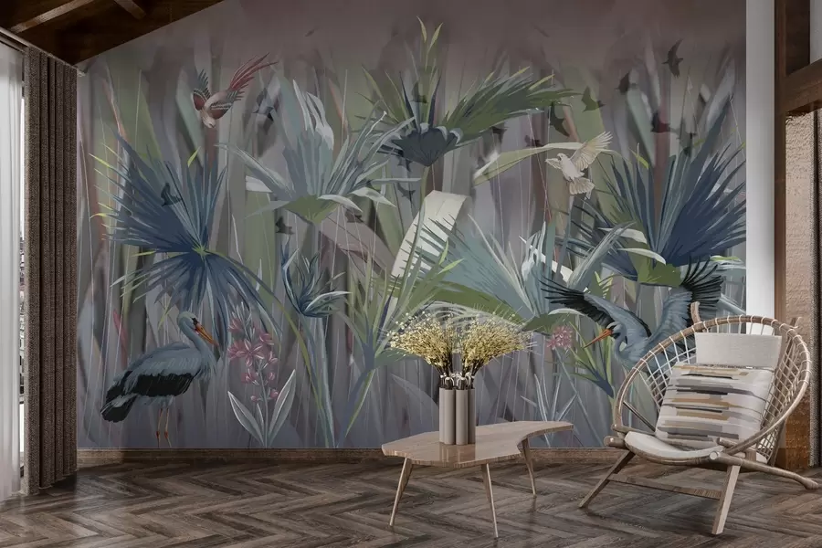 Carta da parati nature Uccelli esotici tra foglie di palma e fiori 