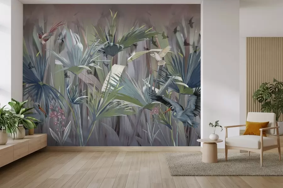 Carta da parati nature Uccelli esotici tra foglie di palma e fiori 