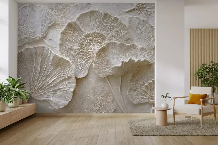 Carta da parati nature Voluminose foglie di ginkgo in leggero stile goffrato 