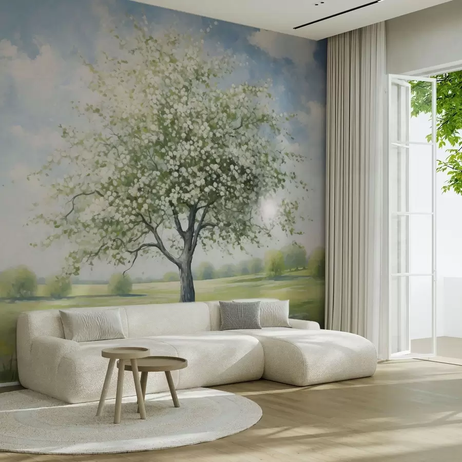 Carta da parati nature Un albero solitario in un campo con fiori bianchi 