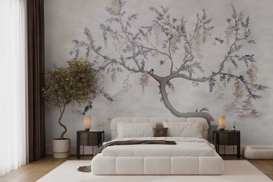 carta da parati Ramo di albero con uccelli in stile orientale nr. w04456