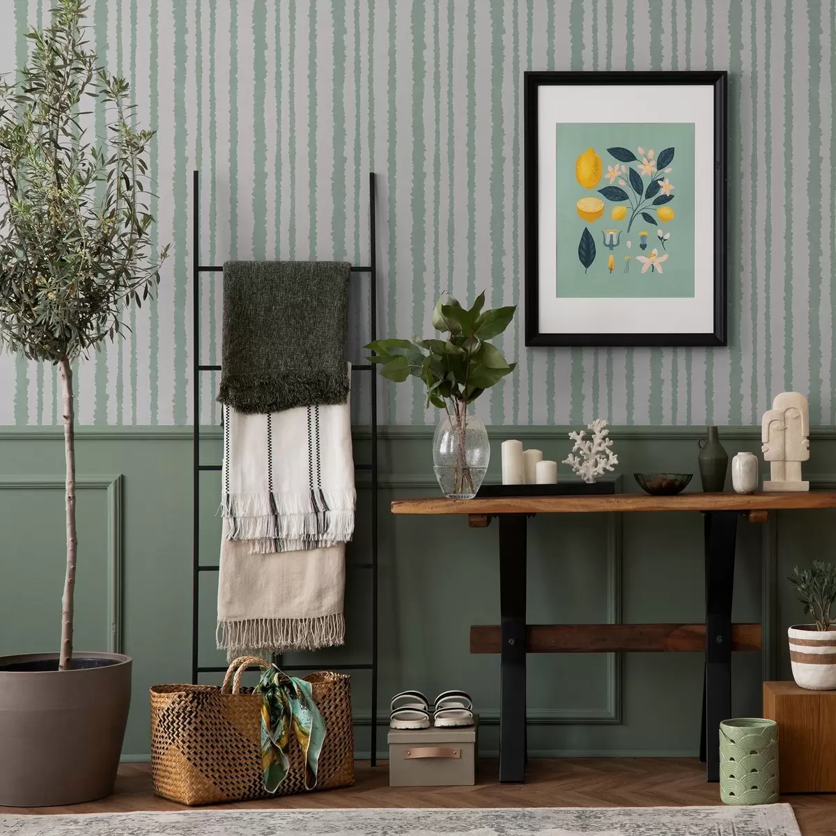 Carta da parati Strisce irregolari di menta su sfondo bianco a00510