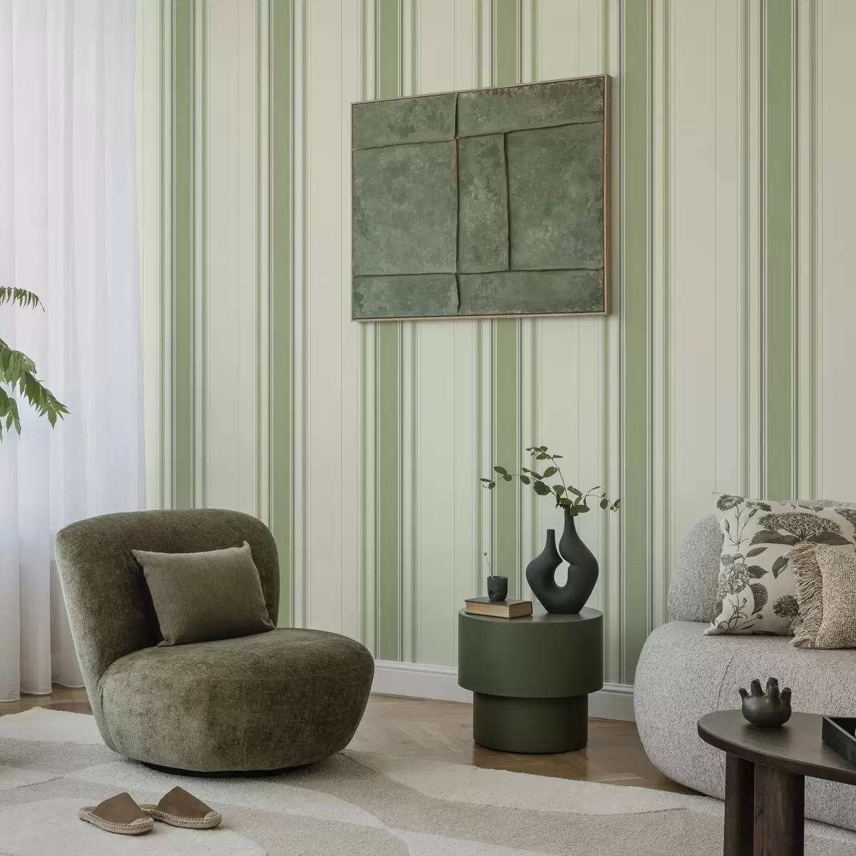 Carta da parati Fondo crema con un'ampia striscia centrale verde a00519