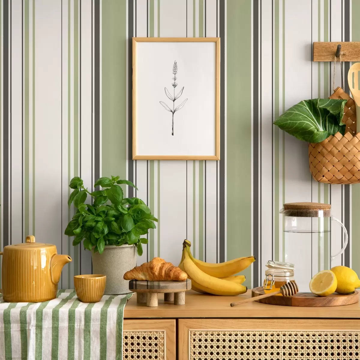 Carta da parati Sfondo bianco con un mix di strisce verdi e nere a00520