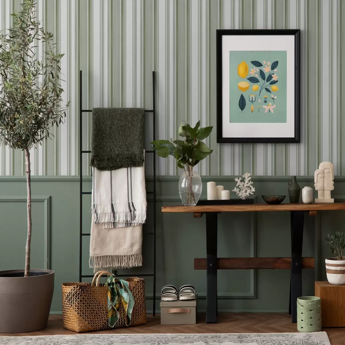 Carta da parati Strisce verdi con intervalli bianchi e linee sottili a00526