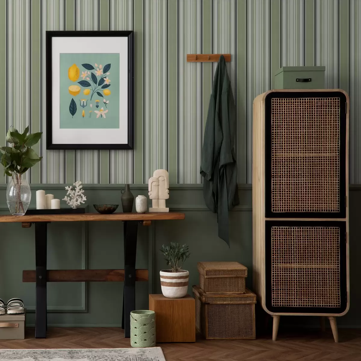 Carta da parati Sfondo crema con un mix di strisce verdi e nere a00563