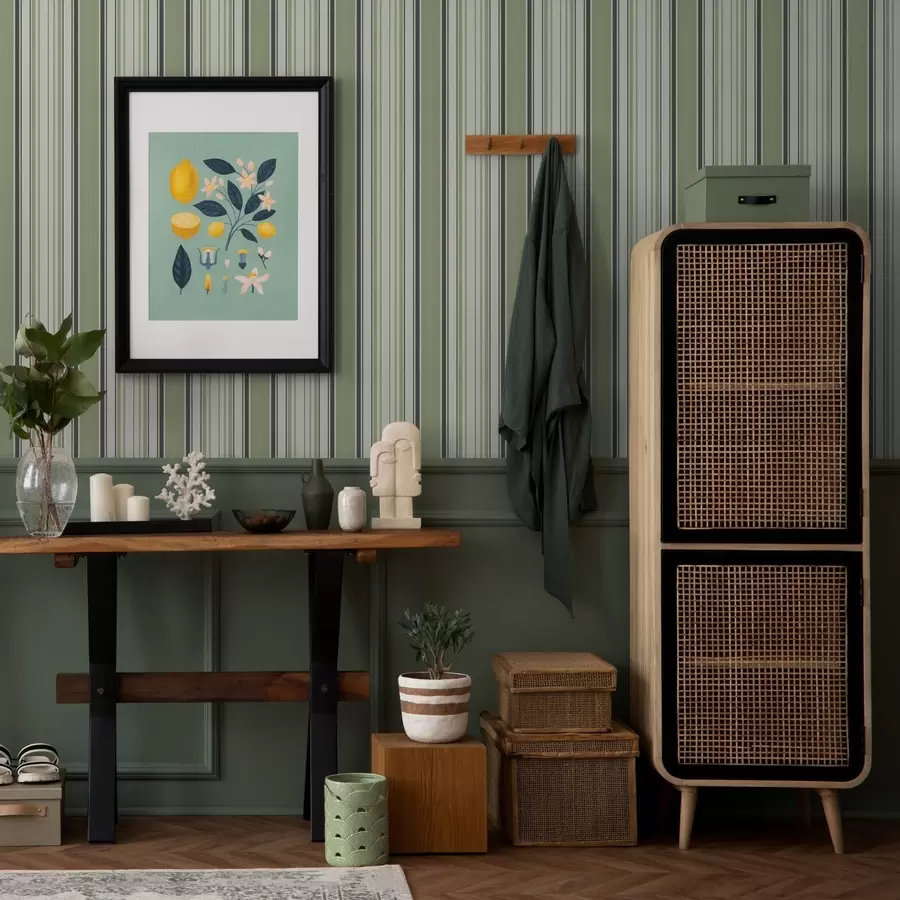 carta da parati Sfondo crema con un mix di strisce verdi e nere nr. a00563