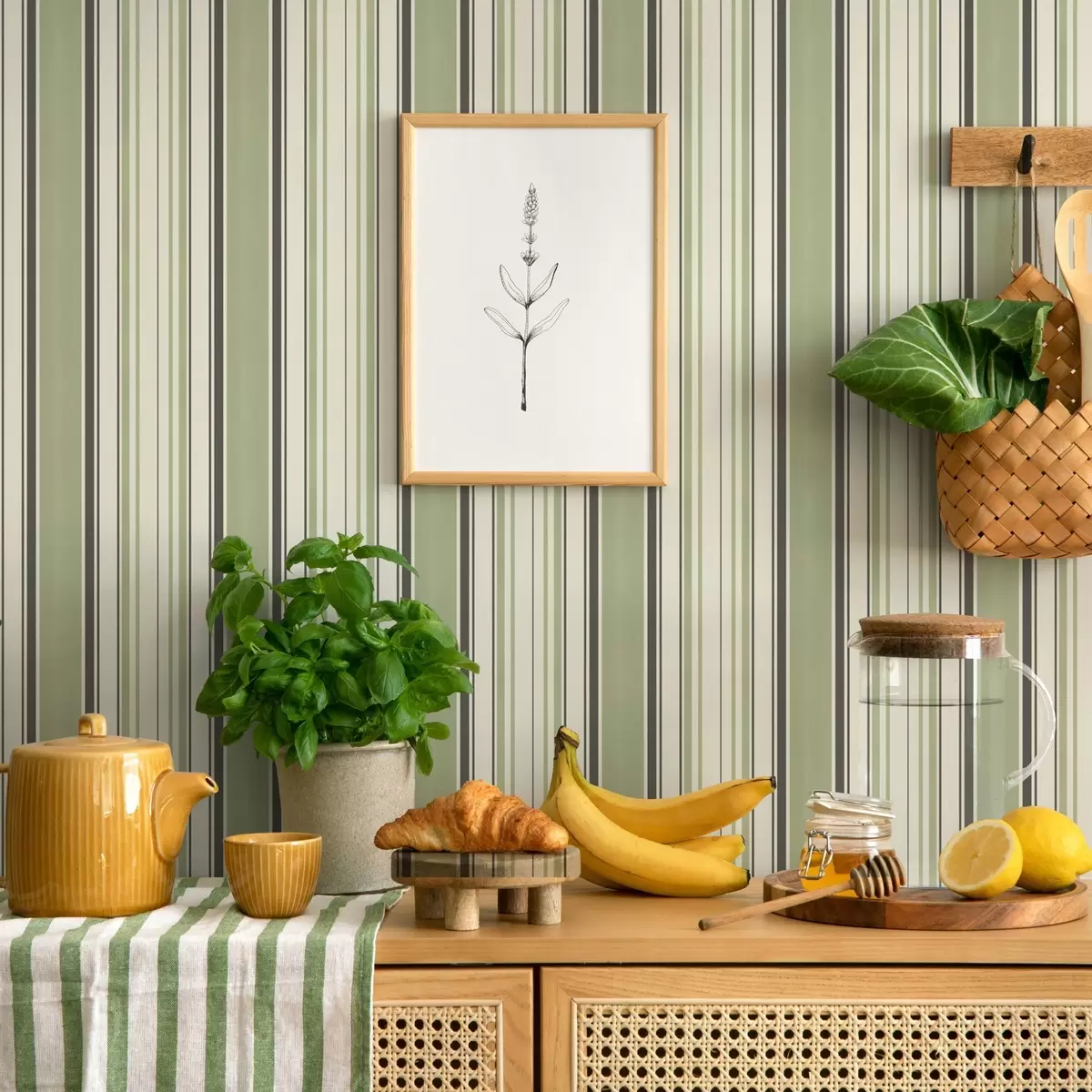 Carta da parati Sfondo crema con un mix di strisce verdi e nere a00563